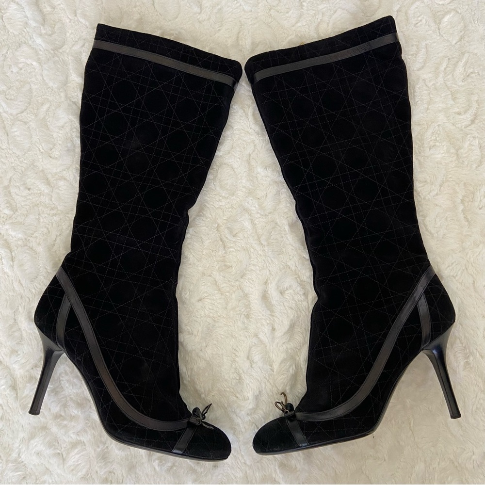 CHRISTIAN DIOR Cannage Quilted Suede Leather Knee-High Boots Stiletto He… - Picture 3 of 16